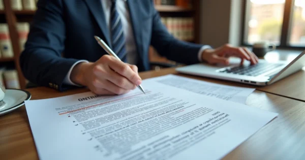 Advogado analisando contrato de locação em escritório com documentos e laptop