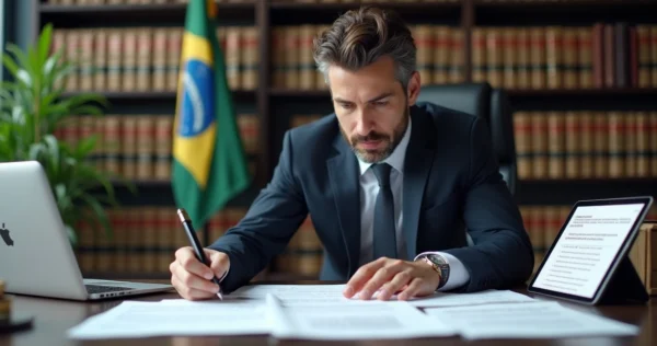 Advogado revisando documentos jurídicos detalhados em escritório moderno