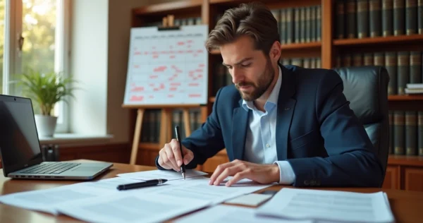 Advogado analisando documentos jurídicos e calendário com prazos processuais destacados