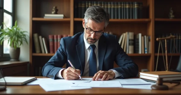Advogado analisando documentos jurídicos em escritório moderno com prateleiras de livros ao fundo