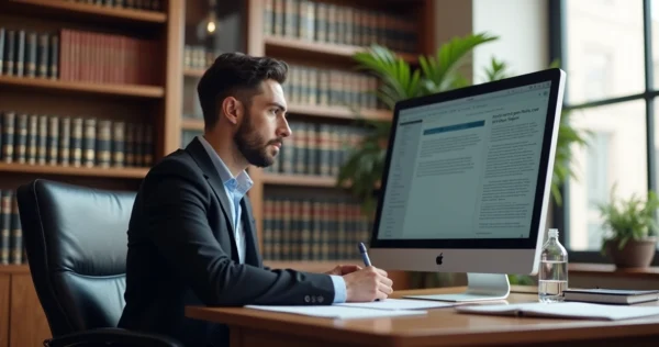 Advogado escrevendo petição inicial em escritório jurídico moderno, tela de computador com texto jurídico visível, livros de direito ao fundo e ambiente organizado