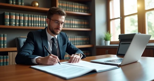Advogado analisando documentos jurídicos em escritório moderno, com computador e livros de direito ao fundo