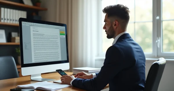 Advogado utilizando inteligência artificial para elaborar petição inicial no computador