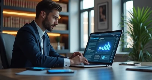 Advogado utilizando plataforma de inteligência artificial jurídica no laptop em escritório moderno