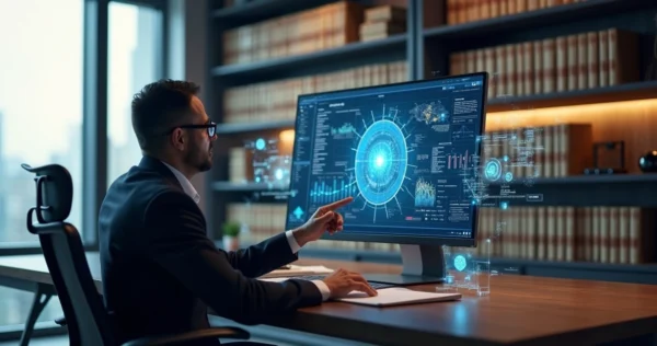 Advogado utilizando inteligência artificial em computador com gráficos jurídicos na tela