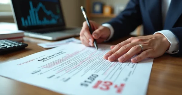 Mãos analisando contrato jurídico com calculadora e gráficos financeiros ao lado