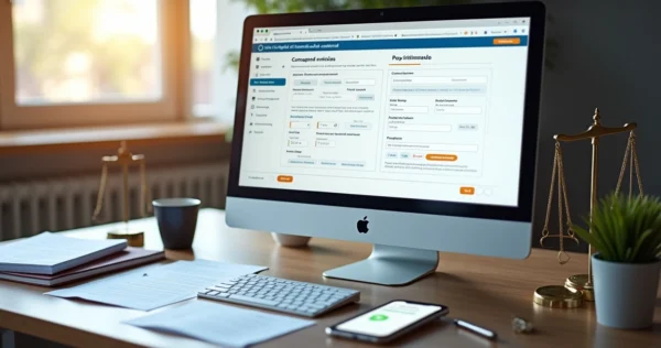 Tela de computador exibindo consulta de situação cadastral com gráficos e documentos legais ao redor