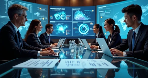 Equipe jurídica em reunião com telas digitais exibindo gráficos e documentos jurídicos