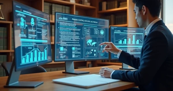 Advogado usando inteligência artificial no escritório com múltiplas telas digitais mostrando análise jurídica e documentos