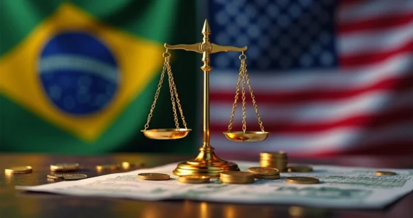 Balança da justiça com moedas e bandeiras do Brasil e Estados Unidos ao fundo