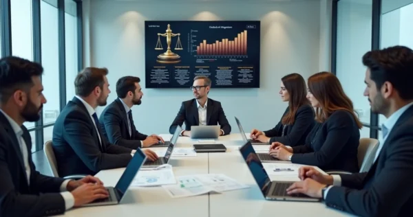 Equipe de advogados reunida em escritório moderno discutindo estratégias jurídicas para réu primário com documentos na mesa e telas digitais ao fundo