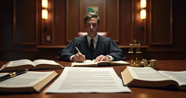 Mesa de tribunal com documentos jurídicos abertos e juiz analisando recurso especial