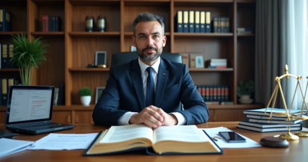 Advogado analisando documentos de apropriação indébita em escritório moderno