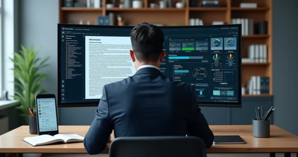 Advogado analisando decisão judicial em tela com gráficos e ícones de inteligência artificial