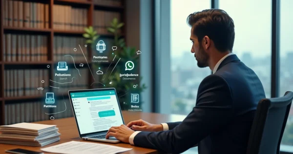 Advogado usando plataforma de IA jurídica em notebook no escritório