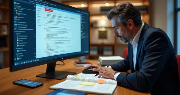 Advogado analisando pesquisa de jurisprudência com destaque para erros em tela de computador