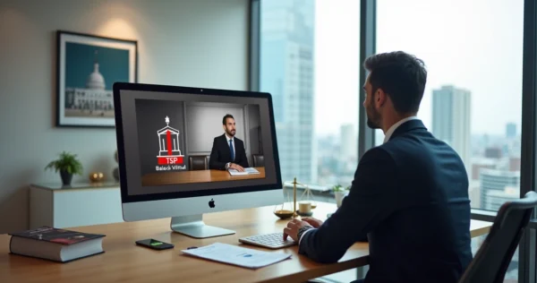 Advogado em videoconferência usando o Balcão Virtual do TJSP no computador