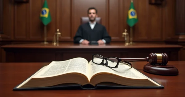 Juiz segurando martelo diante de livro aberto do Código Penal brasileiro