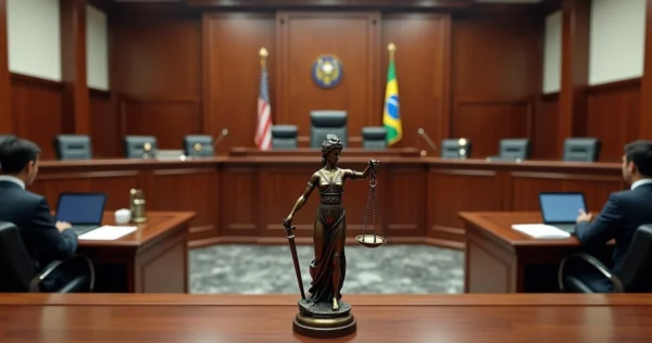 Sala de tribunal do júri com destaque para bancada do juiz, jurados e balança da justiça